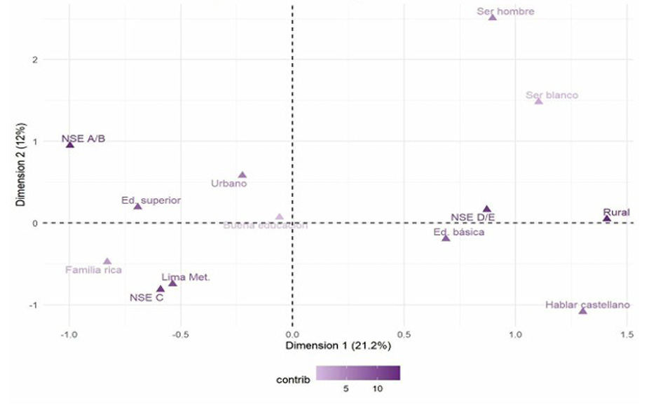 Gráfico de análisis de dimensiones que muestra la relación entre variables como NSE, educación, idioma y ubicación rural o urbana con una escala de contribución en colores morados.

Descripción generada con IA